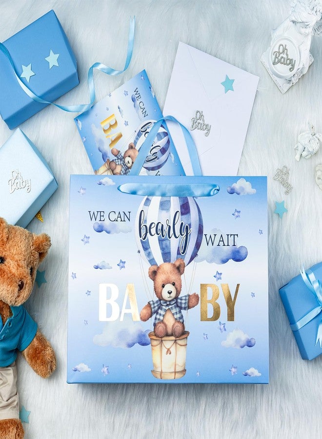 LeZakaa Baby Boy Gift Bag Blue Bear, Hot Air Balloon We Can Bearly Wait BABY Goil Foil Design with Tissue Paper and Greeting Card for Baby Shower, New Parents, 13" x 10" x 5", 1 Pcs - Image 3